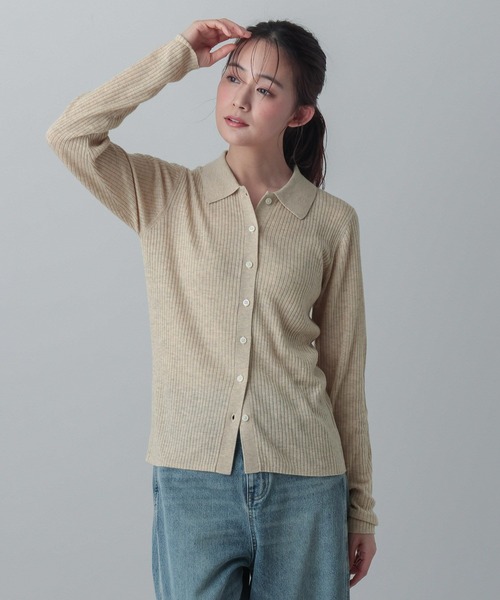 GLOBAL WORK(グローバルワーク)の「MATINEE LINE/ウールシルクポロ襟カーディガン/640368(カーディガン/ボレロ・レディース・ライトピンク/ベージュ/チャコールグレー・MEDIUM/LARGE)」の2枚目の写真