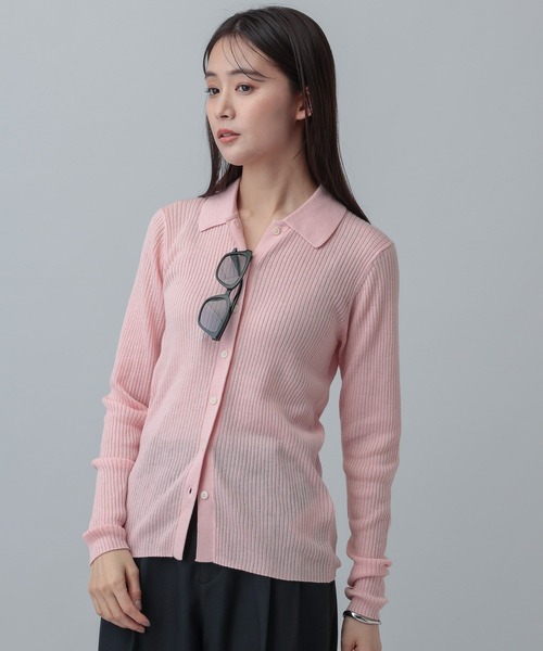 GLOBAL WORK(グローバルワーク)の「MATINEE LINE/ウールシルクポロ襟カーディガン/640368(カーディガン/ボレロ・レディース・ライトピンク/ベージュ/チャコールグレー・MEDIUM/LARGE)」の3枚目の写真