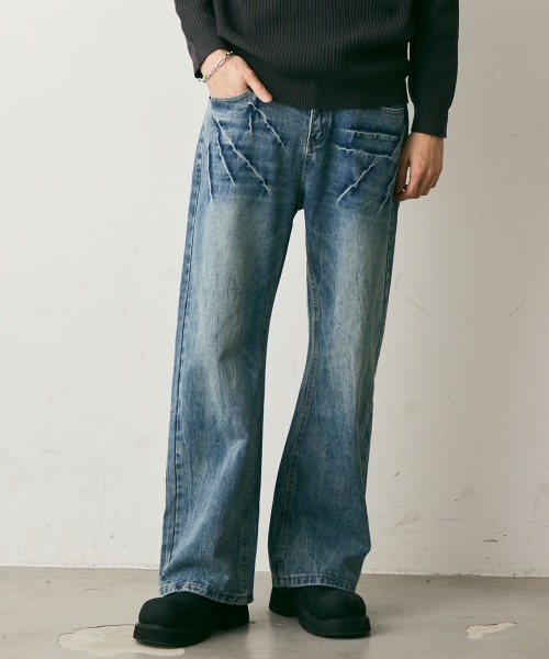 Shoowtime（ショウタイム）の「Crushed Washed Straight Denim Pants / クラッシュウォッシュドストレートデニムパンツ（デニムパンツ・メンズ・ブルー/ブラック・LARGE/MEDIUM/X-LARGE）」の2枚目の写真