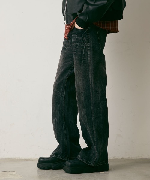 Shoowtime（ショウタイム）の「Crushed Washed Straight Denim Pants / クラッシュウォッシュドストレートデニムパンツ（デニムパンツ・メンズ・ブルー/ブラック・LARGE/MEDIUM/X-LARGE）」の6枚目の写真