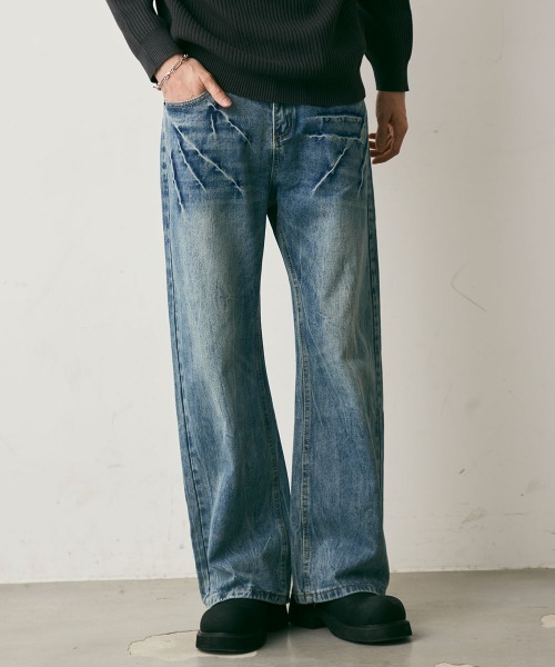 Shoowtime（ショウタイム）の「Crushed Washed Straight Denim Pants / クラッシュウォッシュドストレートデニムパンツ（デニムパンツ・メンズ・ブルー/ブラック・LARGE/MEDIUM/X-LARGE）」の18枚目の写真