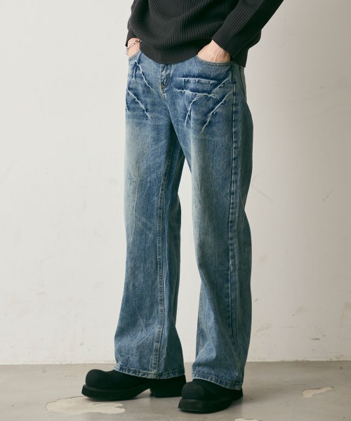 Shoowtime（ショウタイム）の「Crushed Washed Straight Denim Pants / クラッシュウォッシュドストレートデニムパンツ（デニムパンツ・メンズ・ブルー/ブラック・LARGE/MEDIUM/X-LARGE）」の20枚目の写真