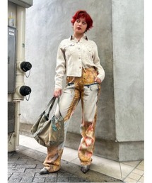 アートフラワープリントストレートパンツ