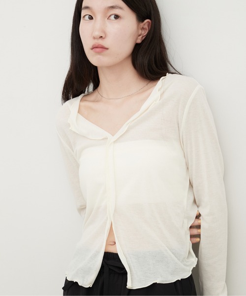 OFROOM(オフルーム)の「Contrast Edge Sheer Top|コントラストエッジシアートップス(Tシャツ/カットソー・レディース・ピンク/ライトグリーン/ホワイト/ライトブルー/ブラック・FREE)」の7枚目の写真