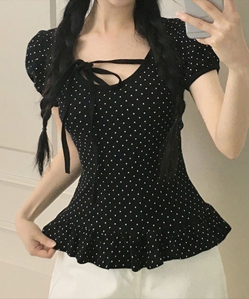 Ritzy(リッツィー)の「ドット柄 リボンフリル トップス(Tシャツ/カットソー・レディース・ブラック/ベージュ・M)」の13枚目の写真