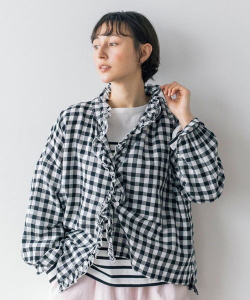 studio CLIP(スタディオクリップ)の「《natural by clip》リネン混チェックフリルブラウス(シャツ/ブラウス・レディース・ブルー/ブラック/その他1・FREE)」の3枚目の写真