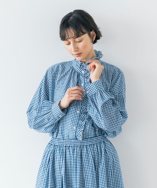 studio CLIP(スタディオクリップ)の「《natural by clip》リネン混チェックフリルブラウス(シャツ/ブラウス・レディース・ブルー/ブラック/その他1・FREE)」の1枚目の写真
