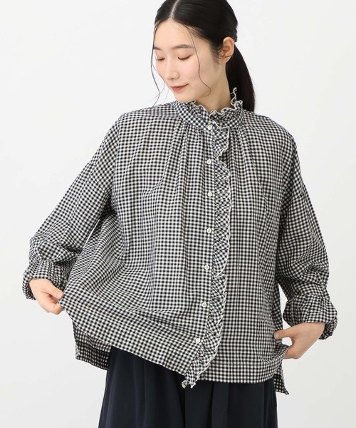 studio CLIP(スタディオクリップ)の「《natural by clip》リネン混チェックフリルブラウス(シャツ/ブラウス・レディース・ブルー/ブラック/その他1・FREE)」の4枚目の写真