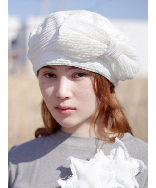 STRIPE BOW BERET IN SHEER WHITE（ハンチング/ベレー帽）｜POESIEDAME