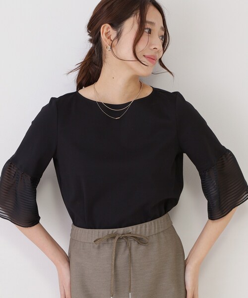 COUP DE CHANCE(クードシャンス)の「【5分袖/日本製/接触冷感】異素材ドッキングカットソー(Tシャツ/カットソー・レディース・ピンク系その他/ブラック/ホワイト/ダークブラウン/ブルー系その他・40/38/36/34)」の2枚目の写真
