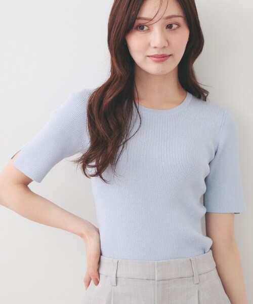 index（インデックス）の「ラメリブ半袖ニット【洗濯機OK】（ニット/セーター・レディース・ブラック系5/サックスブルー系5/ピンク系1/ホワイト系8・42/40/38/36）」の3枚目の写真