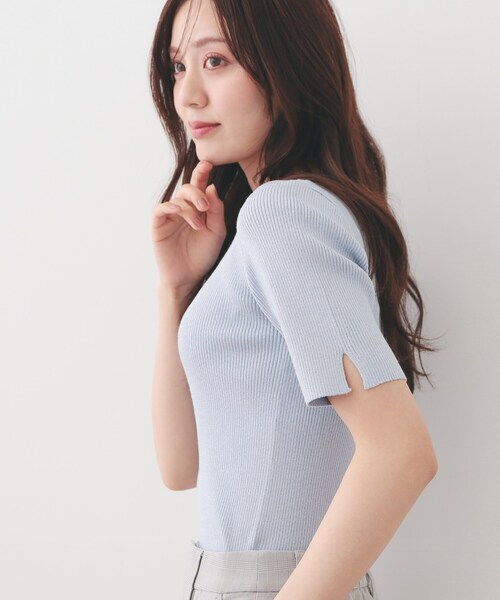 index（インデックス）の「ラメリブ半袖ニット【洗濯機OK】（ニット/セーター・レディース・ブラック系5/サックスブルー系5/ピンク系1/ホワイト系8・42/40/38/36）」の5枚目の写真