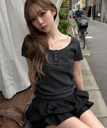 RAY CASSIN | 【無地 / ボーダー】胸刺繍Uネックヘンリー半袖Tシャツ(Tシャツ/カットソー)
