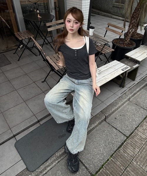 RAY CASSIN（レイカズン）の「【無地 / ボーダー】胸刺繍Uネックヘンリー半袖Tシャツ（Tシャツ/カットソー・レディース・ブラック/グレー系その他2/ホワイト/ホワイト系その他・FREE）」の14枚目の写真