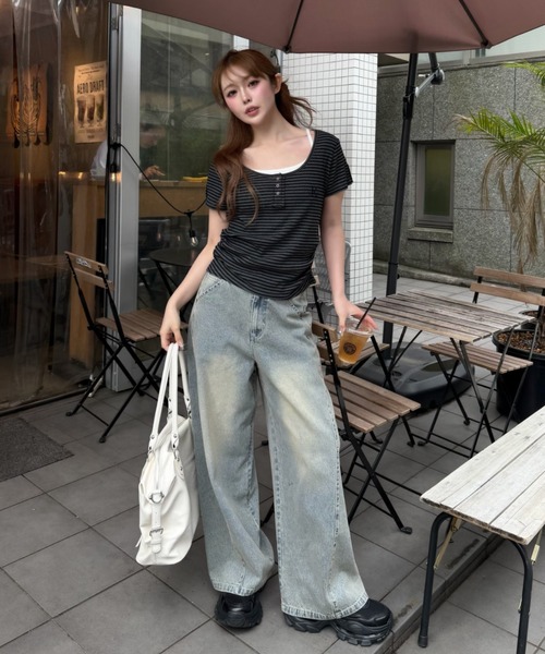 RAY CASSIN（レイカズン）の「【無地 / ボーダー】胸刺繍Uネックヘンリー半袖Tシャツ（Tシャツ/カットソー・レディース・ブラック/グレー系その他2/ホワイト/ホワイト系その他・FREE）」の15枚目の写真