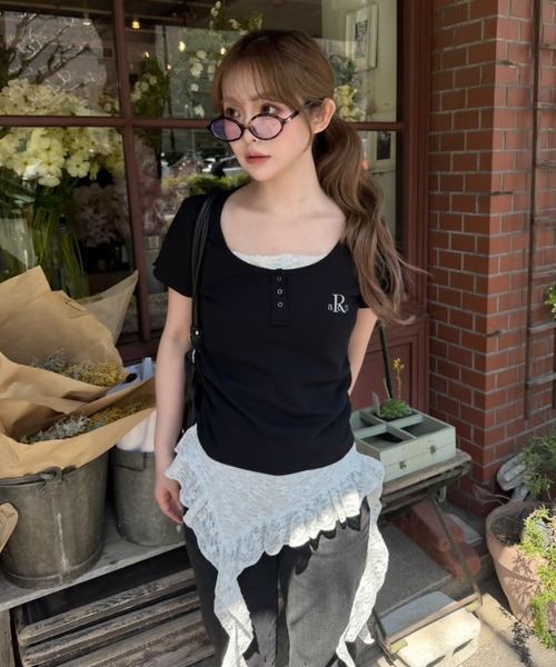 RAY CASSIN（レイカズン）の「【無地 / ボーダー】胸刺繍Uネックヘンリー半袖Tシャツ（Tシャツ/カットソー・レディース・ブラック/グレー系その他2/ホワイト/ホワイト系その他・FREE）」の18枚目の写真
