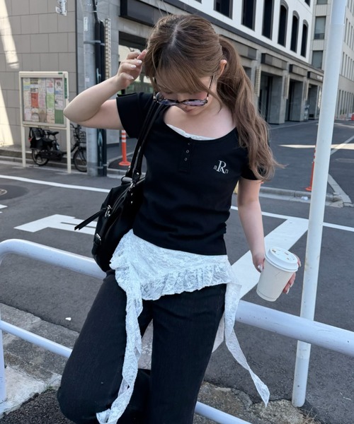 RAY CASSIN（レイカズン）の「【無地 / ボーダー】胸刺繍Uネックヘンリー半袖Tシャツ（Tシャツ/カットソー・レディース・ブラック/グレー系その他2/ホワイト/ホワイト系その他・FREE）」の19枚目の写真