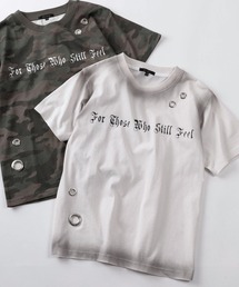 【82】スプレー加工 カモフラ柄 アイレット ショート丈 クルーネックTシャツ/ユニセックス/レディース/メンズ
