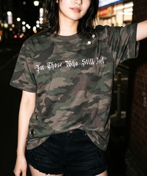 【82】スプレー加工 カモフラ柄 アイレット ショート丈 クルーネックTシャツ/ユニセックス/レディース/メンズ