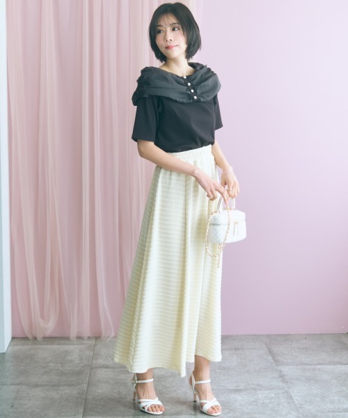 marun（マルン）の「＜大きいサイズ＞デコルテオーガンジー使いオフショル風カットソー marun（Tシャツ/カットソー・レディース・サックスブルー/ブラック・4L/3L/LL/L/5L）」の4枚目の写真
