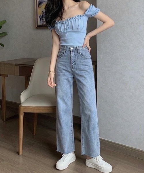 Teem Store(チームストア)の「【26年春夏新作】【7色展開】オフショルフリルパフスリーブトップス 半袖 リボン ピチT(Tシャツ/カットソー・レディース・パープル/イエロー/ミント/ホワイト/ピンク/ブラック/ブルー・F)」の15枚目の写真