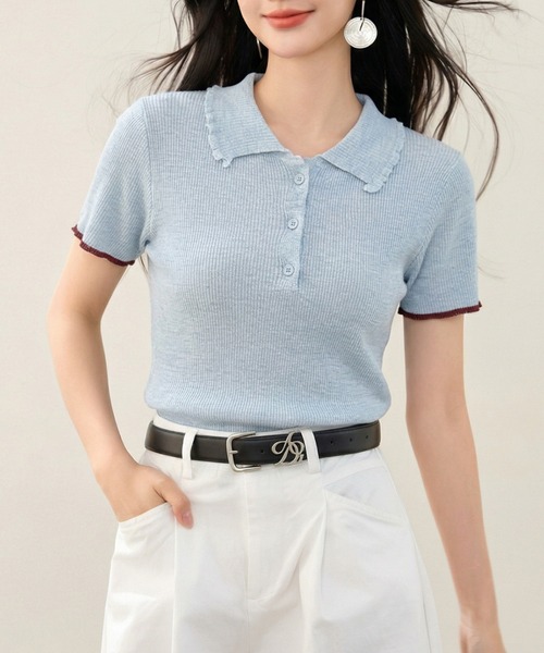 AMAJI(アマジ)の「リブニット ポロカラー 半袖 前ボタン トップス(Tシャツ/カットソー・レディース・ライトブルー・X-LARGE/LARGE/MEDIUM/SMALL)」の1枚目の写真