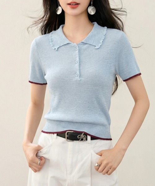 AMAJI(アマジ)の「リブニット ポロカラー 半袖 前ボタン トップス(Tシャツ/カットソー・レディース・ライトブルー・X-LARGE/LARGE/MEDIUM/SMALL)」の3枚目の写真