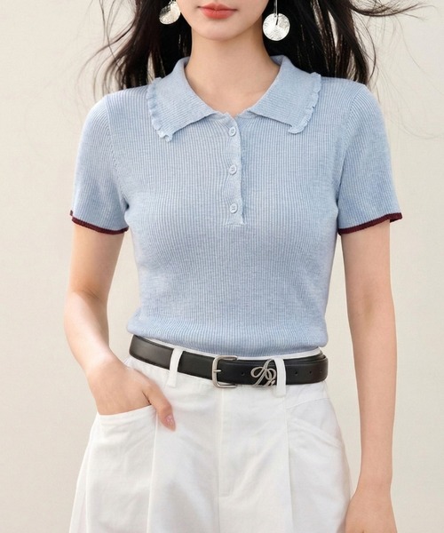 AMAJI(アマジ)の「リブニット ポロカラー 半袖 前ボタン トップス(Tシャツ/カットソー・レディース・ライトブルー・X-LARGE/LARGE/MEDIUM/SMALL)」の4枚目の写真