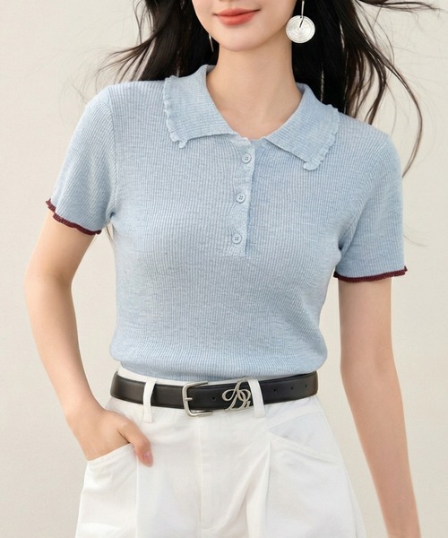 AMAJI(アマジ)の「リブニット ポロカラー 半袖 前ボタン トップス(Tシャツ/カットソー・レディース・ライトブルー・X-LARGE/LARGE/MEDIUM/SMALL)」の2枚目の写真