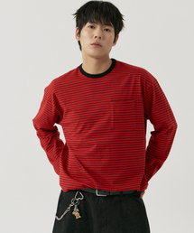 GNOK（グノック）の「ストライプポケット長袖Tシャツ[レッド]（Tシャツ/カットソー）」