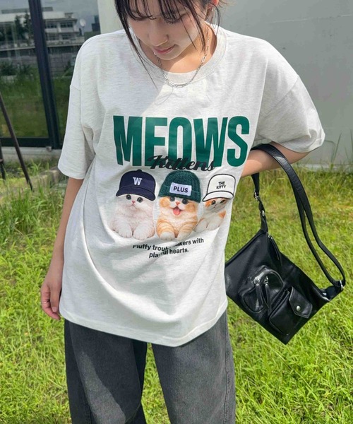 AS KNOW AS plus(アズノゥアズプラス)の「〇リアル猫ならびプリント おめかしオーバーサイズ半袖Tシャツ【UNISEX ITEM】(Tシャツ/カットソー・レディース・チャコールグレー/オフホワイト/オートミール/ブラック/ホワイト系/サックスブルー系/ベージュ系・FREE)」の6枚目の写真