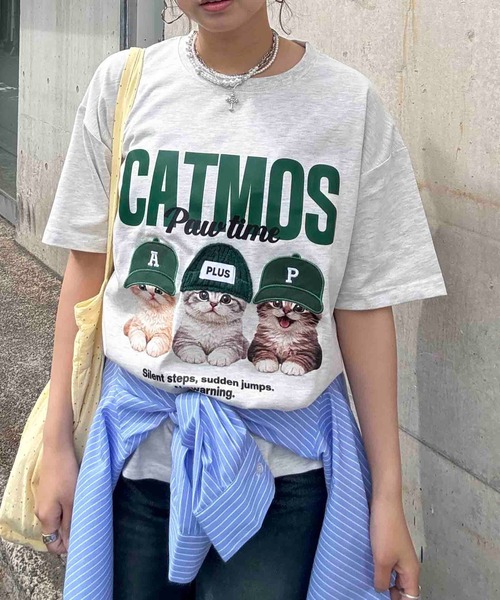 AS KNOW AS plus(アズノゥアズプラス)の「〇リアル猫ならびプリント おめかしオーバーサイズ半袖Tシャツ【UNISEX ITEM】(Tシャツ/カットソー・レディース・チャコールグレー/オフホワイト/オートミール/ブラック/ホワイト系/サックスブルー系/ベージュ系・FREE)」の8枚目の写真