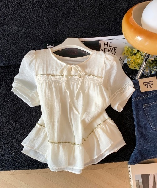 LUCPY(ラクピー)の「ティアードフリルリボンブラウス(シャツ/ブラウス・レディース・イエロー/ホワイト・LARGE/MEDIUM/SMALL)」の1枚目の写真