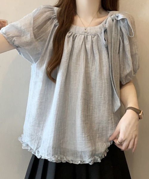 mielu(ミエル)の「サイドリボンシアーブラウス(シャツ/ブラウス・レディース・ブルー/イエロー/アイボリー・MEDIUM/LARGE)」の1枚目の写真