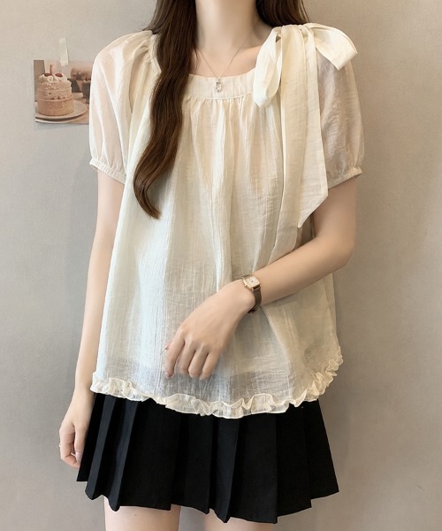 mielu(ミエル)の「サイドリボンシアーブラウス(シャツ/ブラウス・レディース・ブルー/イエロー/アイボリー・MEDIUM/LARGE)」の8枚目の写真