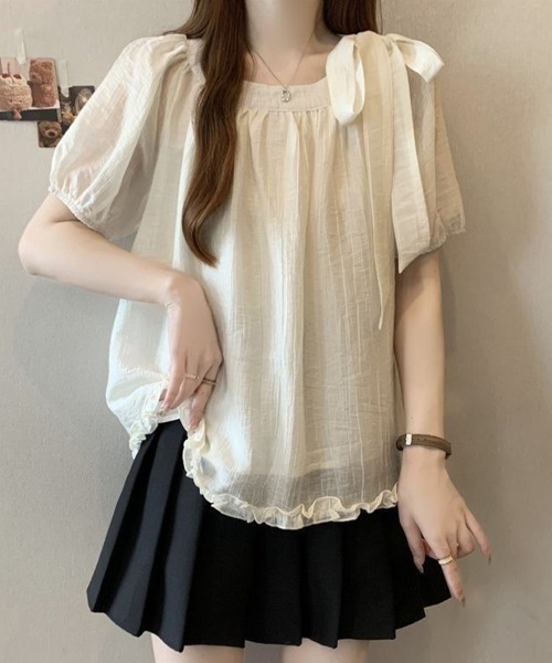 mielu(ミエル)の「サイドリボンシアーブラウス(シャツ/ブラウス・レディース・ブルー/イエロー/アイボリー・MEDIUM/LARGE)」の4枚目の写真