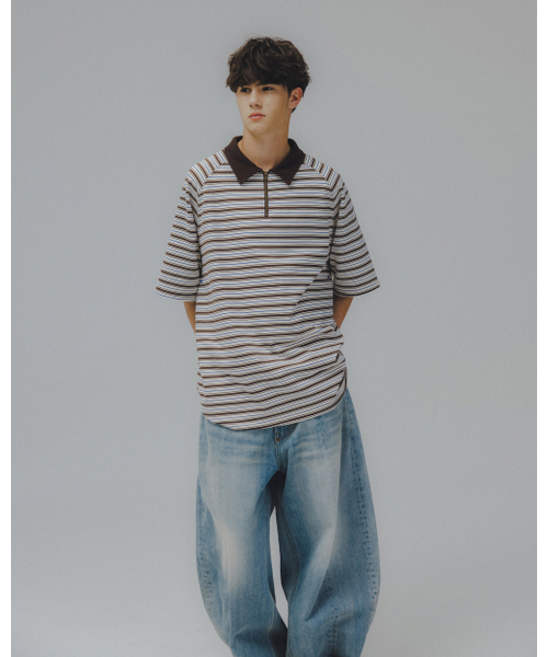 ANGLAN(アングラン)の「Striped Raglan Half-Zip Polo - Brown(ポロシャツ・メンズ・その他・ONE SIZE)」の5枚目の写真