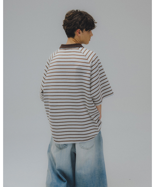 ANGLAN(アングラン)の「Striped Raglan Half-Zip Polo - Brown(ポロシャツ・メンズ・その他・ONE SIZE)」の4枚目の写真