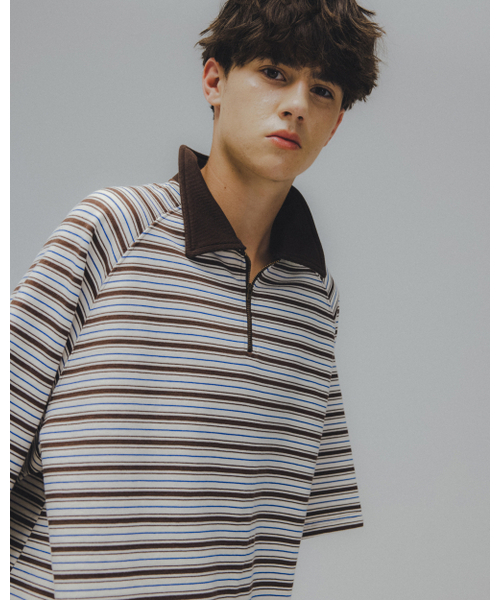 ANGLAN(アングラン)の「Striped Raglan Half-Zip Polo - Brown(ポロシャツ・メンズ・その他・ONE SIZE)」の3枚目の写真