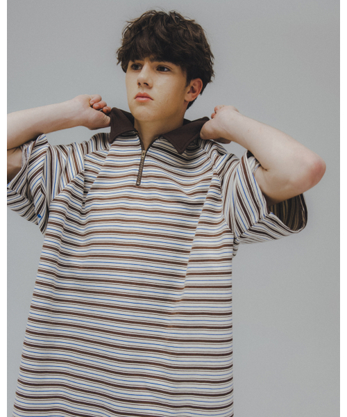 ANGLAN(アングラン)の「Striped Raglan Half-Zip Polo - Brown(ポロシャツ・メンズ・その他・ONE SIZE)」の2枚目の写真
