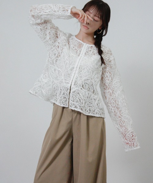 Social GIRL(ソーシャルガール)の「レースシアーペプラムカーディガン シアーカーディガン(カーディガン/ボレロ・レディース・オフホワイト/ブラック・M)」の4枚目の写真
