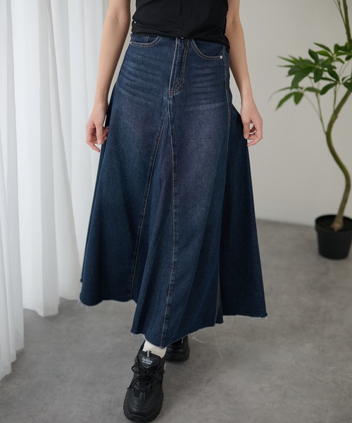 DAYRA(デイラ)の「ハイウエスト フレア デニム ロング スカート(デニムスカート・レディース・ブルー/ネイビー/ベージュ・XL/L/M/S)」の18枚目の写真