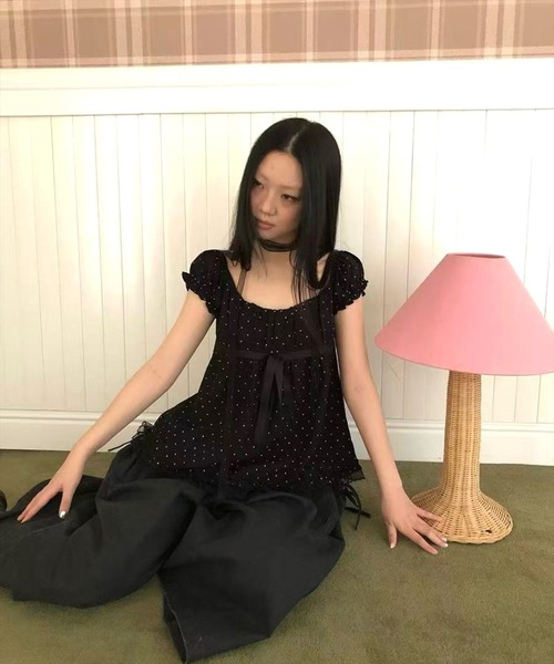 STAY MOTION（ステイモーション）の「【WEB限定】レースチョーカー付きドット柄ブラウス［骨格ウェーブ／ガーリー／フェミニン／韓国ファッション］（シャツ/ブラウス・レディース・オフホワイト/ブラック・F）」の6枚目の写真