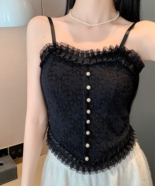 Lace Ladies(レースレディース)の「花柄 レース フリル カップ付き キャミソール ブラトップ(キャミソール・レディース・ブラック/ホワイト・FREE)」の5枚目の写真
