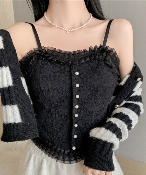 Lace Ladies(レースレディース)の「花柄 レース フリル カップ付き キャミソール ブラトップ(キャミソール・レディース・ブラック/ホワイト・FREE)」の8枚目の写真