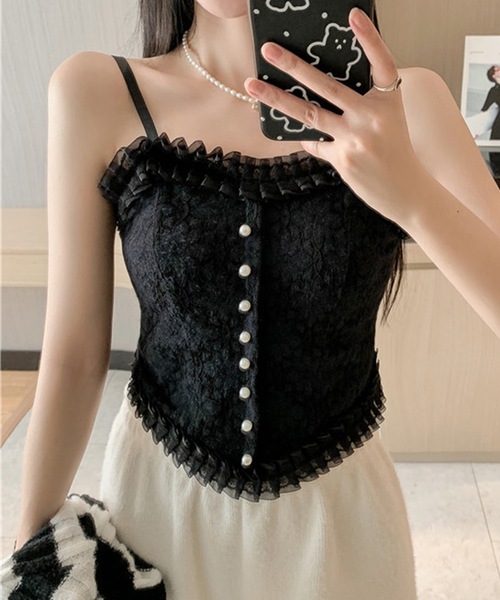 Lace Ladies(レースレディース)の「花柄 レース フリル カップ付き キャミソール ブラトップ(キャミソール・レディース・ブラック/ホワイト・FREE)」の9枚目の写真