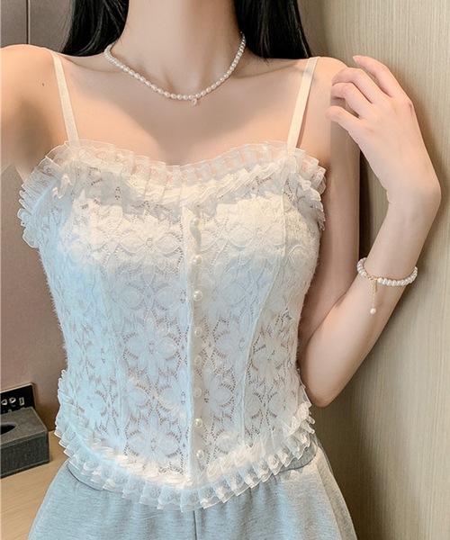 Lace Ladies(レースレディース)の「花柄 レース フリル カップ付き キャミソール ブラトップ(キャミソール・レディース・ブラック/ホワイト・FREE)」の10枚目の写真