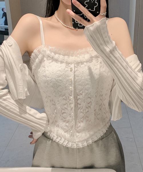 Lace Ladies(レースレディース)の「花柄 レース フリル カップ付き キャミソール ブラトップ(キャミソール・レディース・ブラック/ホワイト・FREE)」の13枚目の写真