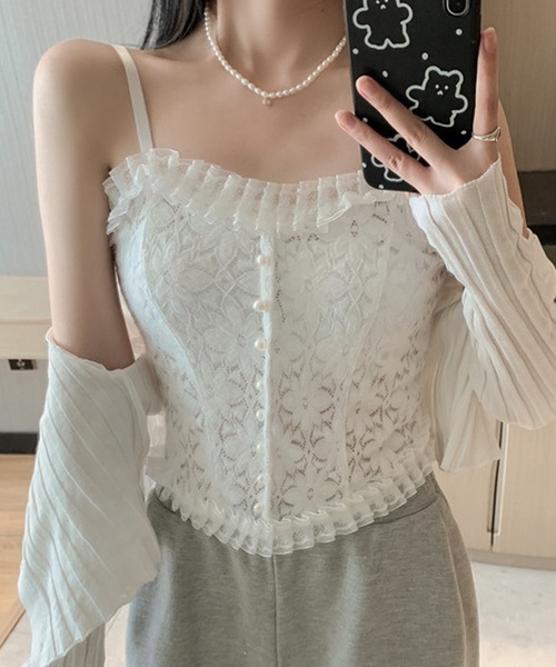 Lace Ladies(レースレディース)の「花柄 レース フリル カップ付き キャミソール ブラトップ(キャミソール・レディース・ブラック/ホワイト・FREE)」の14枚目の写真
