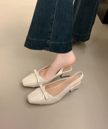 SHOES 365リボン スクエアトゥ バックストラップ 太ヒール サンダルパンプス (SS)